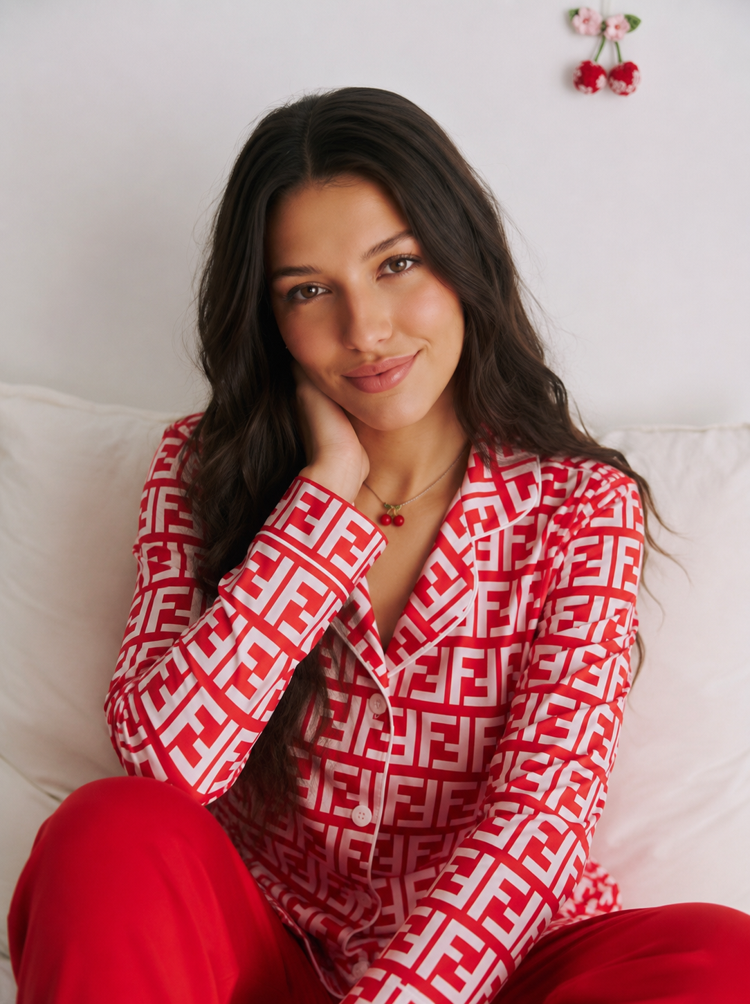 Red Geometric Satin Pajama Set