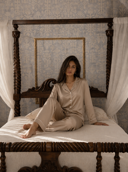 Classic Beige Satin Pajama Set