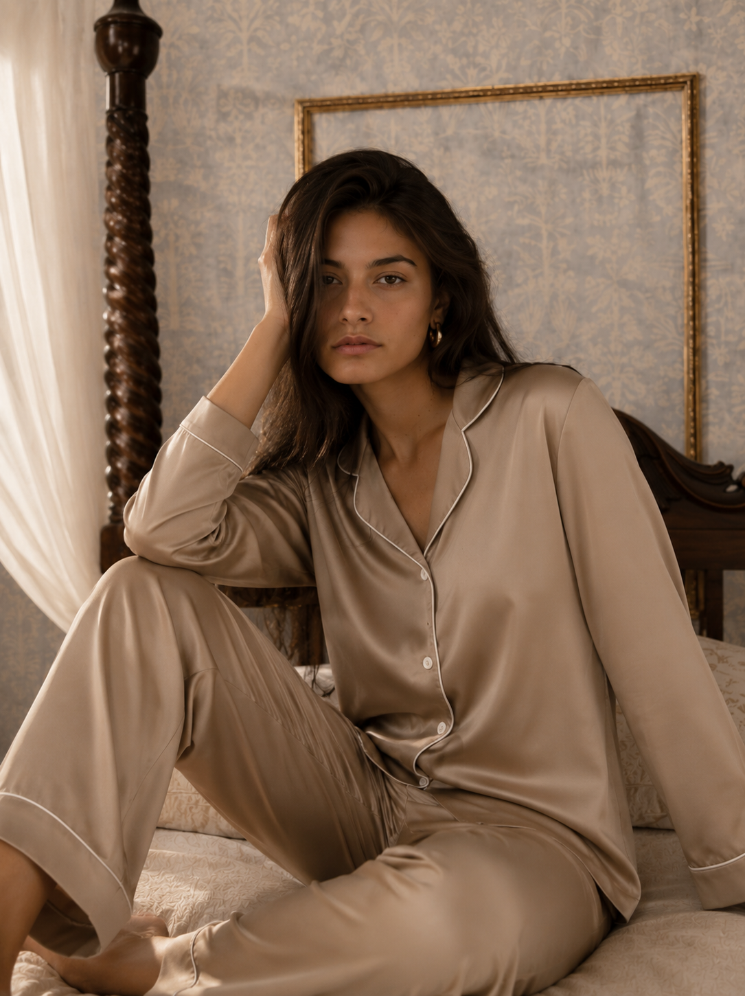 Classic Beige Satin Pajama Set