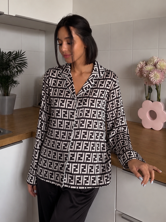 Black Geometric Satin Pajama Set