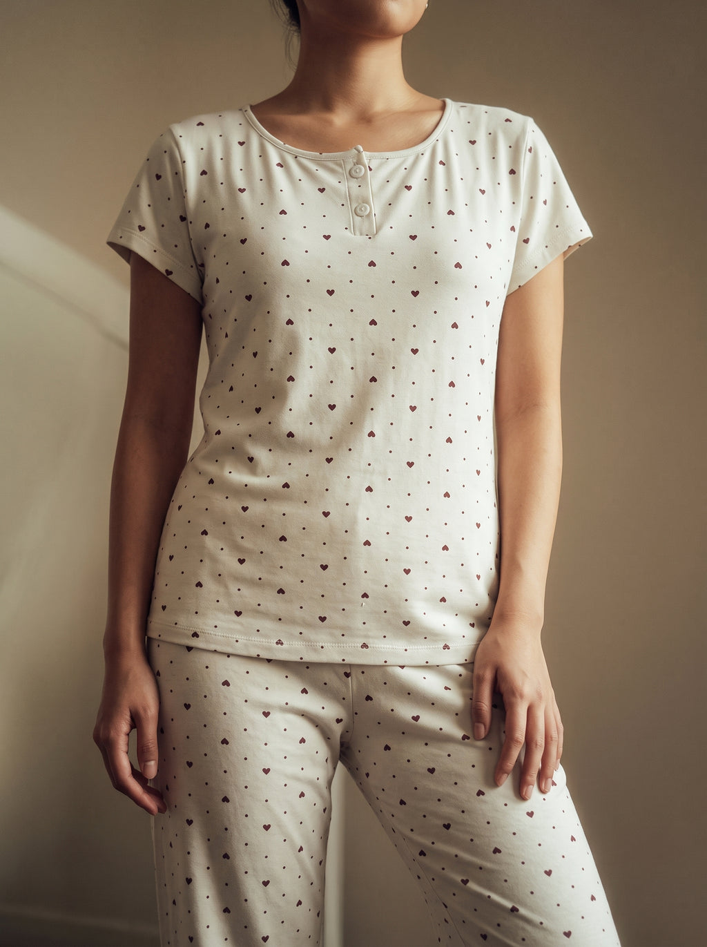 Heart Print Henley Cotton Pajama - Grey