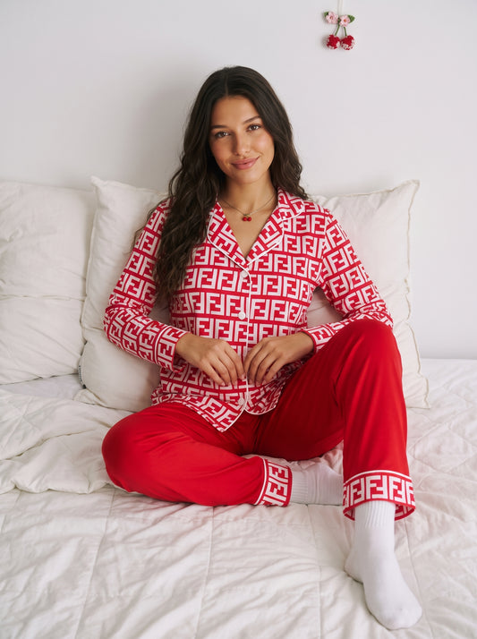 Red Geometric Satin Pajama Set