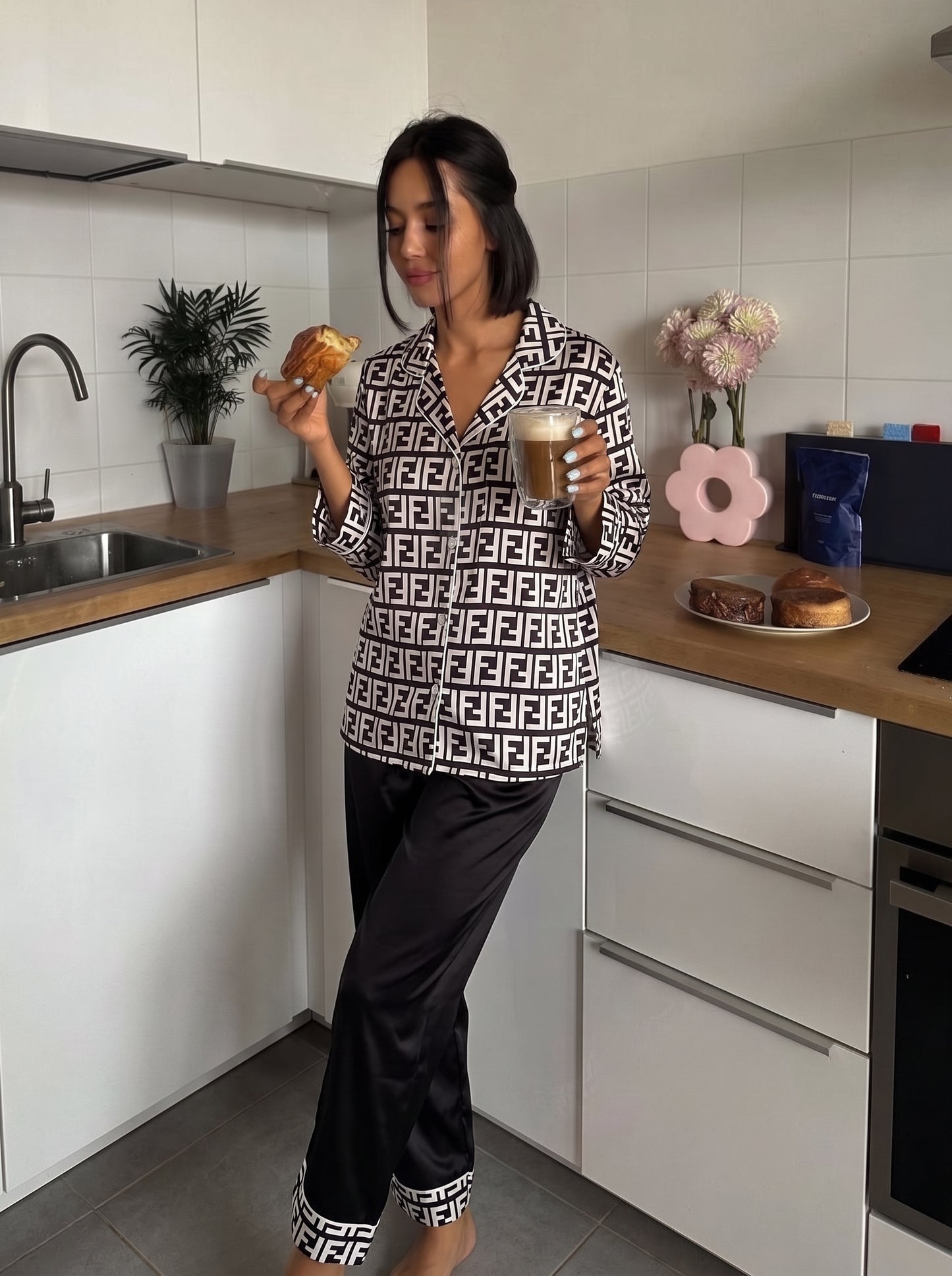 Black Geometric Satin Pajama Set