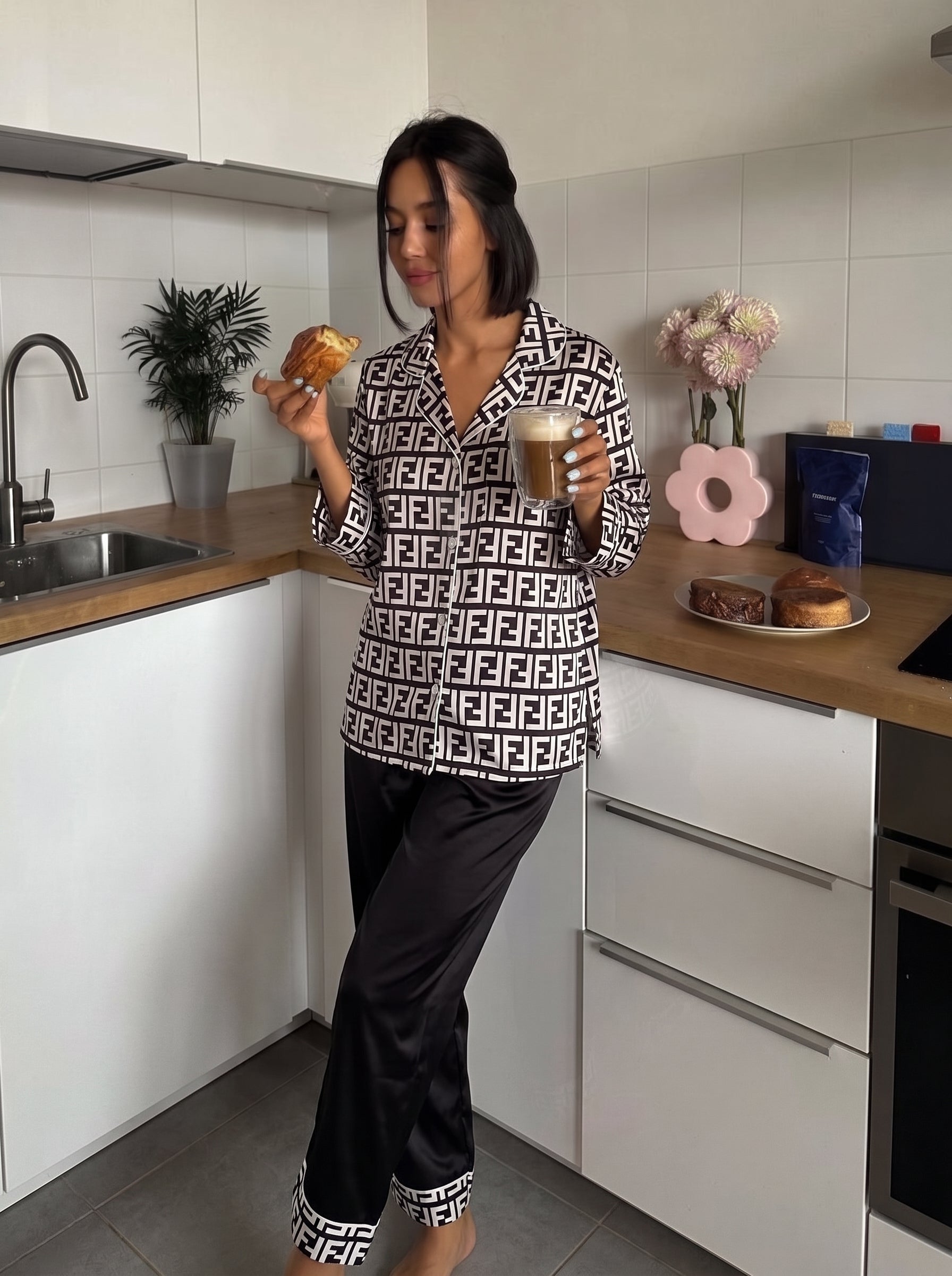 Black Geometric Satin Pajama Set