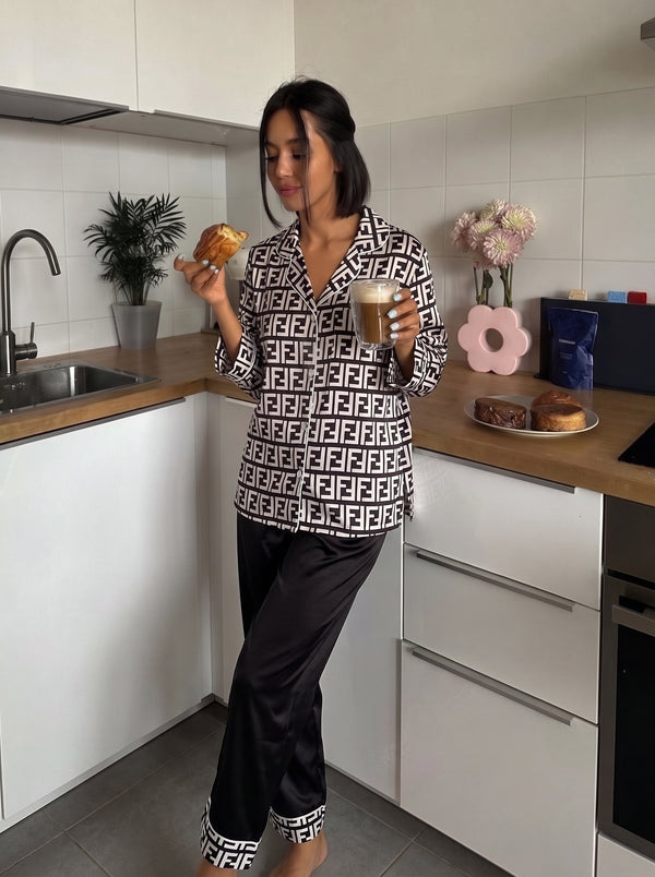 Black Geometric Satin Pajama Set