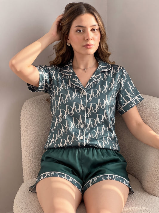 Dark Green Printed Satin Pajama Set