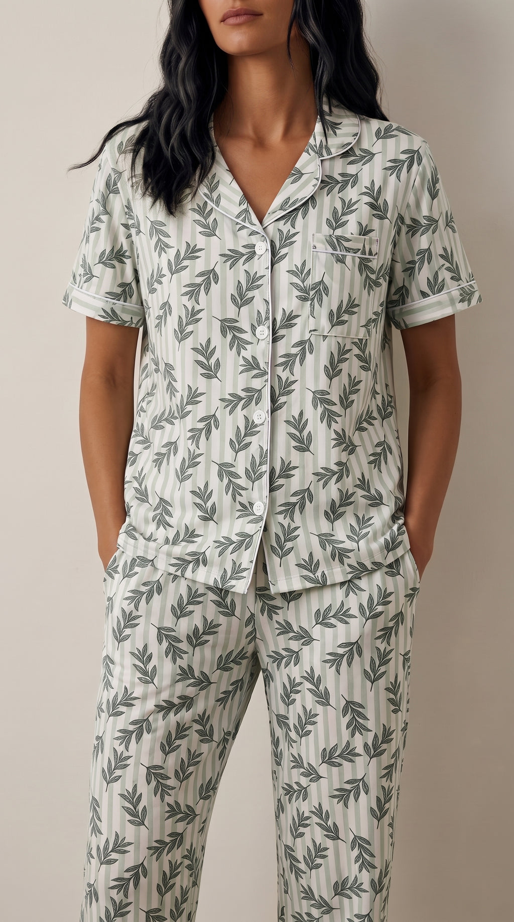Leaf Print Cotton Pajama Set