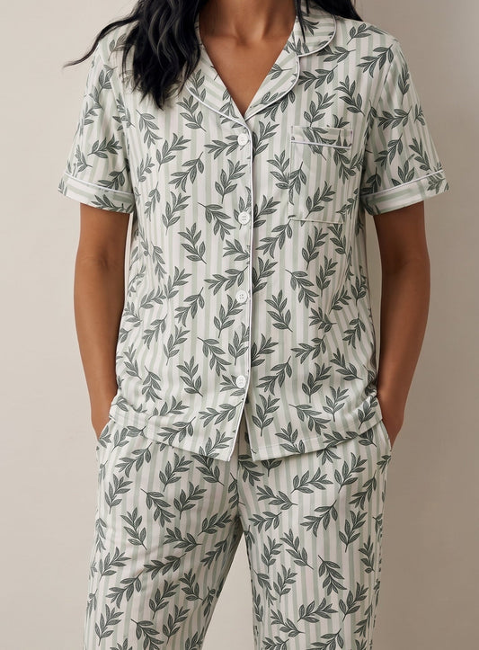 Leaf Print Cotton Pajama Set