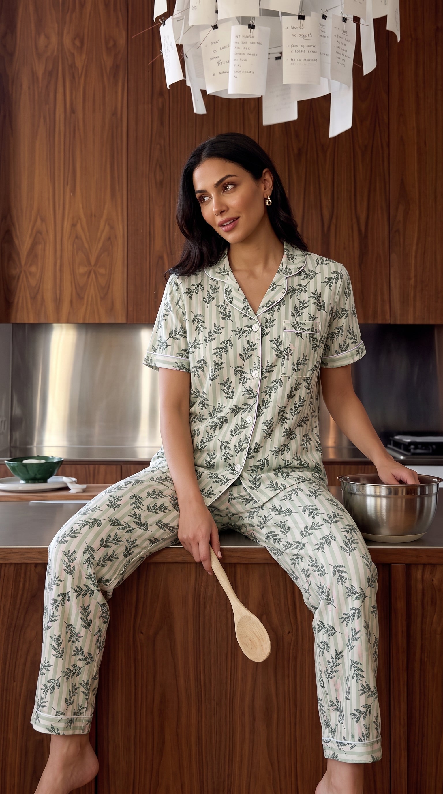 Leaf Print Cotton Pajama Set