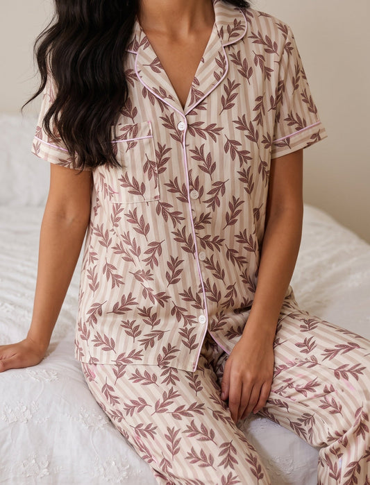 Leaf Print Cotton Pajama Set