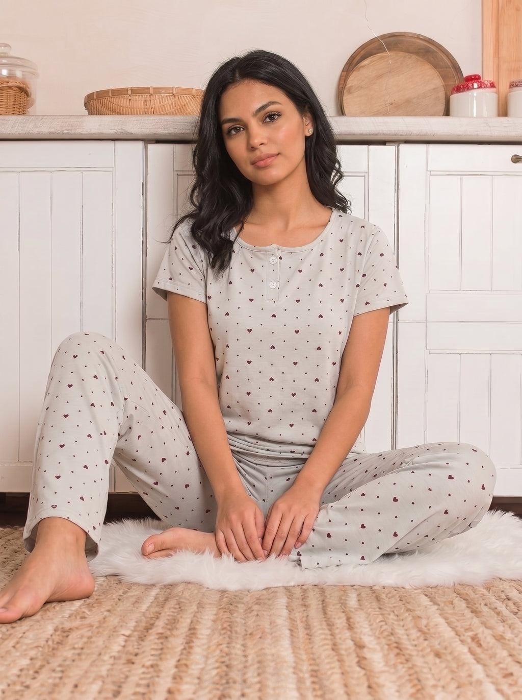 Heart Print Henley Cotton Pajama - Grey