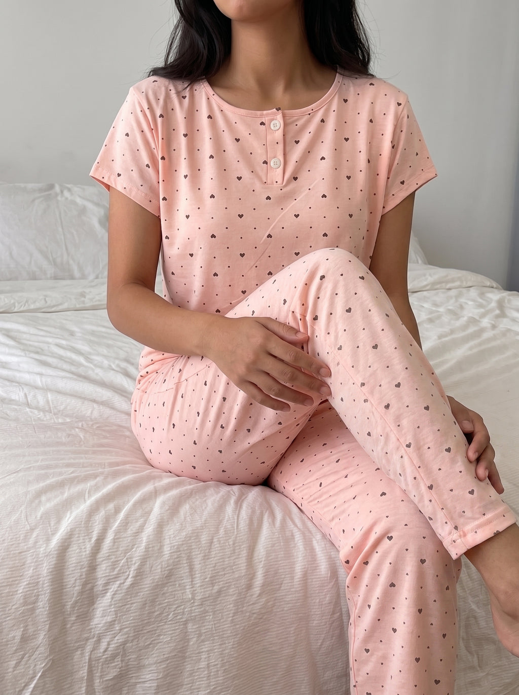 Heart Print Henley Cotton Pajama - Peach