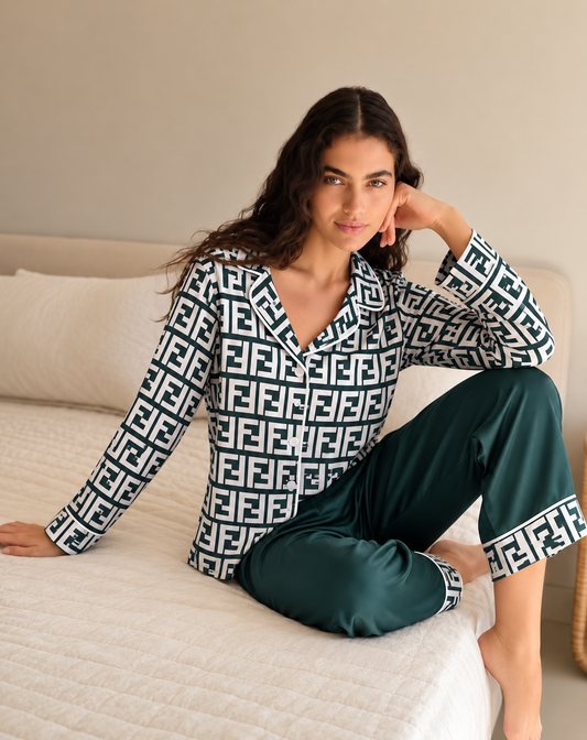Dark Green Geometric Satin Pajama Set