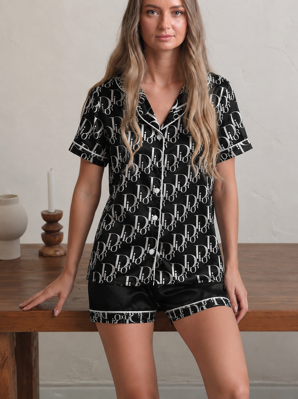 Black Printed Satin Pajama Set